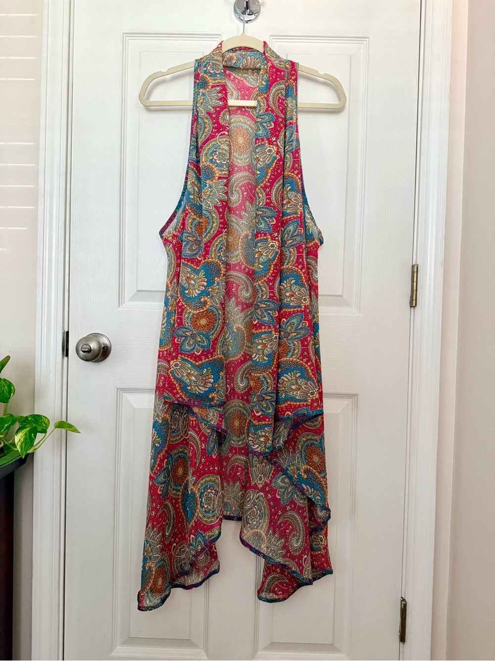 Paisley Sleeveless Kimono Vest Draped Boho Layering Wrap Pink Teal One Size